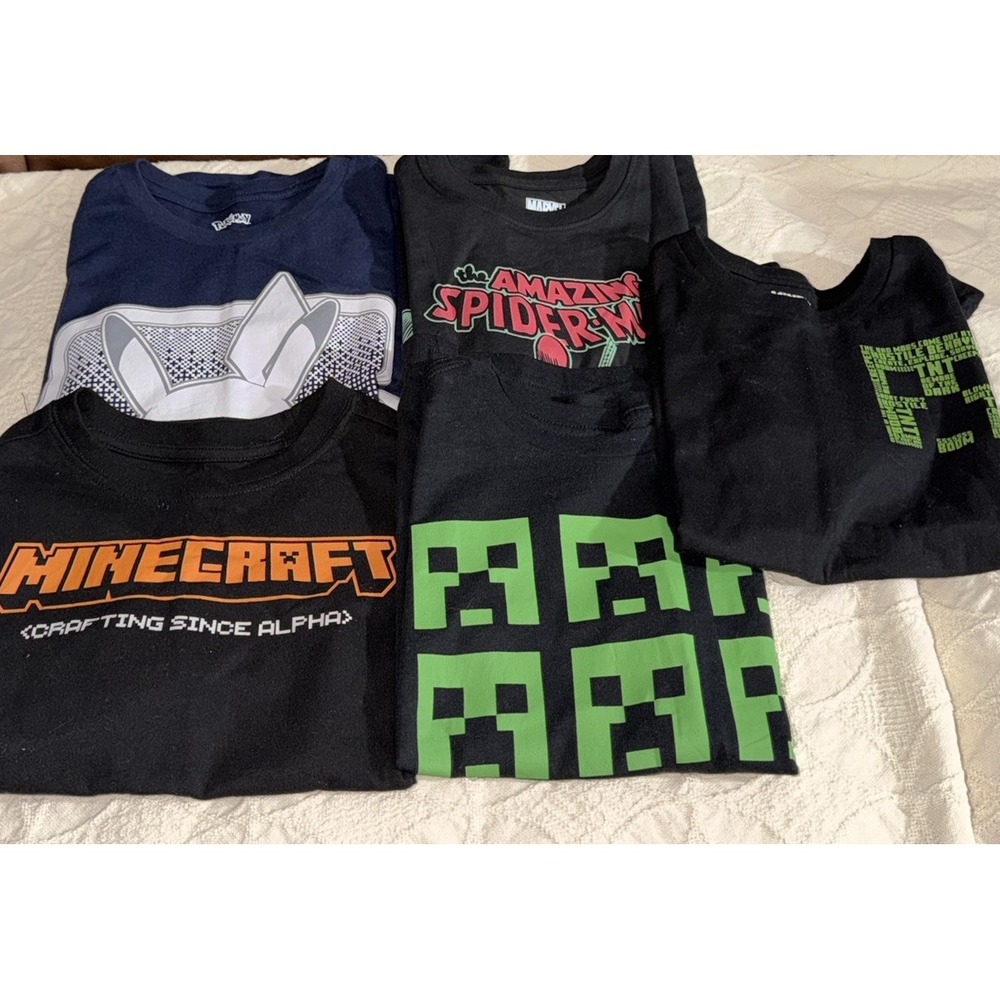Lot Of 5 Boys Shirts Pokemon, Minecraft, Marvel, Minecraft, Size 6-7